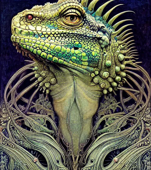 Image similar to detailed realistic beautiful iguana goddess face portrait by jean delville, gustave dore, iris van herpen and marco mazzoni, art forms of nature by ernst haeckel, art nouveau, symbolist, visionary, gothic, neo - gothic, pre - raphaelite, fractal lace, intricate alien botanicals, ai biodiversity, surreality, hyperdetailed ultrasharp octane render