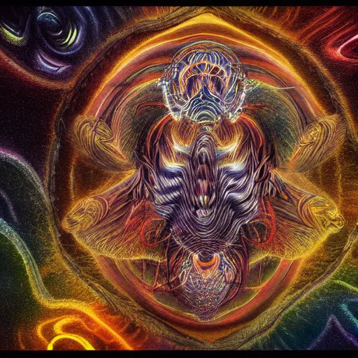 Image similar to - a therianthrope emerging out of dark matter in the style of alex grey - cinematic lighting 8 k octane render
