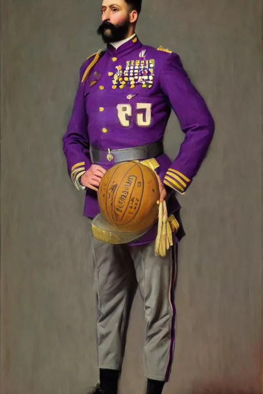 Image similar to full body portrait of the dictator of the sacramento kings, 1 8 8 9, in full military garb, purple, silver, oil on canvas by william sidney mount, trending on artstation