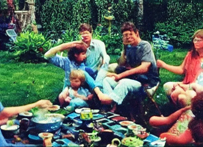 Prompt: Home video footage, Color VHS picture quality with mixed noise, Filmed by dad. Home party in the garden.