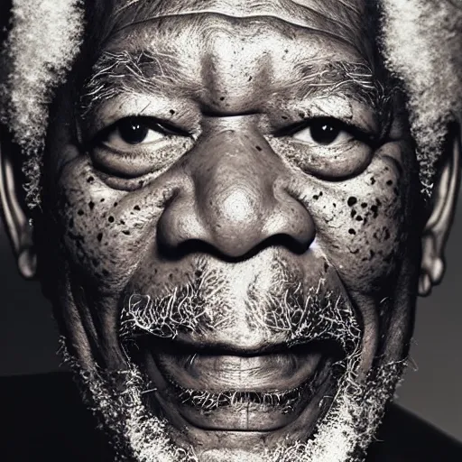 Image similar to closeup studio photograph of morgan freeman, dramatic lighting, edited in photoshop