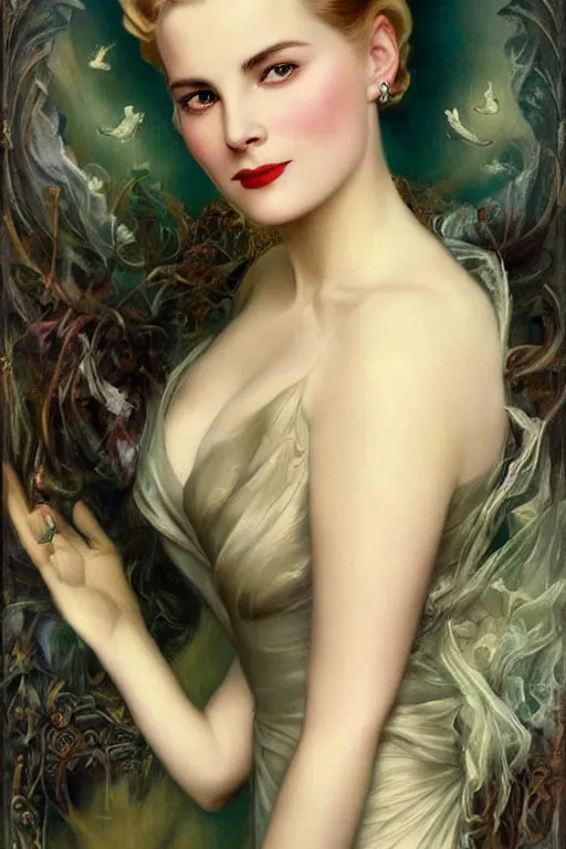 Prompt: a young and extremely beautiful grace kelly infected by night by tom bagshaw in the style of a modern gaston bussiere, art nouveau, art deco, surrealism. extremely lush detail. melancholic scene infected by night. perfect composition and lighting. sharp focus. profoundly surreal. high - contrast lush surrealistic photorealism. sultry, infectious smile.