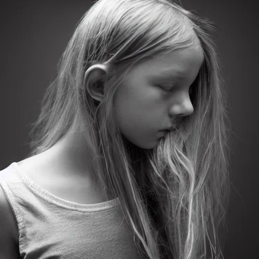 Prompt: “Detailed photo of a white, adolescent girl as seen from the side from the shoulders up. The girl has shoulder-length straight blonde hair and blue eyes. She is looking down slightly with a slight frown. Eyebrows slightly creased in thought. Black background. Brooding. 4K.”