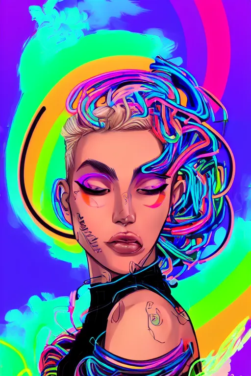 Image similar to a award winning portrait of a beautiful woman with stunning eyes in a one off shoulder crop top and cargo pants with rainbow colored hair, outlined by whirling illuminated neon lines and fine lines swirling in circles by greg tocchini, digital art, trending on artstation