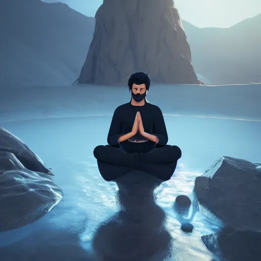 Image similar to a male mage in his 2 0 s with black hair, meditating with closed eyes, in the infinite universe. unreal engine, extremely detailed, award - winning art, trending on artstation