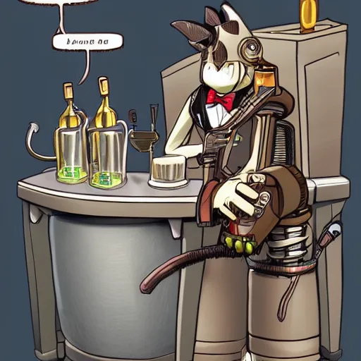 Image similar to a steampunk robot is at the bar and orders a drink from a (TY fluffy puppy) bartender, cgsociety.