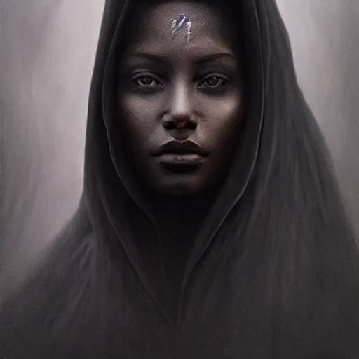 Image similar to a portrait of a young black woman wearing a long dark cloak, hood and shadows covering face, anatomically correct, beautiful perfect face, enigmatic, oil painting, matte painting, black background, Volumetric dynamic lighting, Highly Detailed, Cinematic Lighting, Unreal Engine, 8k, HD, by Beksinski