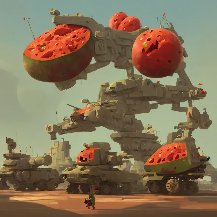 Image similar to Goro Fujita illustrating a watermelon military machine defending a city, art by Goro Fujita, sharp focus, highly detailed, ArtStation