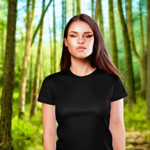 Image similar to clear photorealistic mockup product photograph of a blank black tshirt on an attractive female model in front of a nature background - h 7 0 4