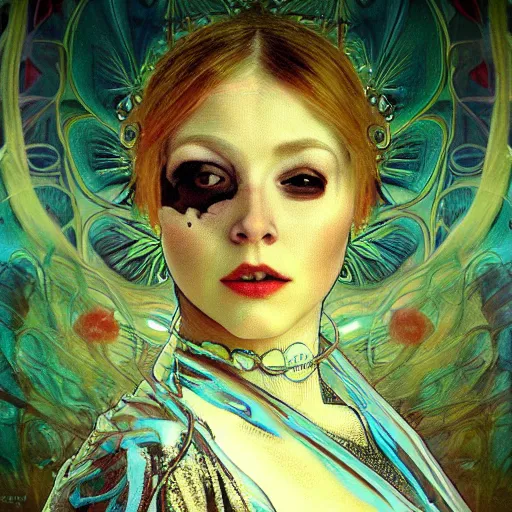 Image similar to realistic bizarre beautiful macabre portrait gothic style in style of hieronymus bosch anne stoke alphonso mucha sharp focus 8 k as a alien etherical holographic queen in an unknown planet