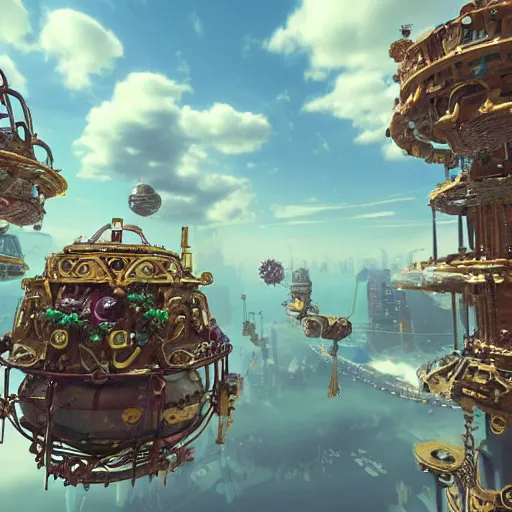 Prompt: flying city in a mechanical flower, sky, fantasy art, steampunk, masterpiece, unreal 5 render