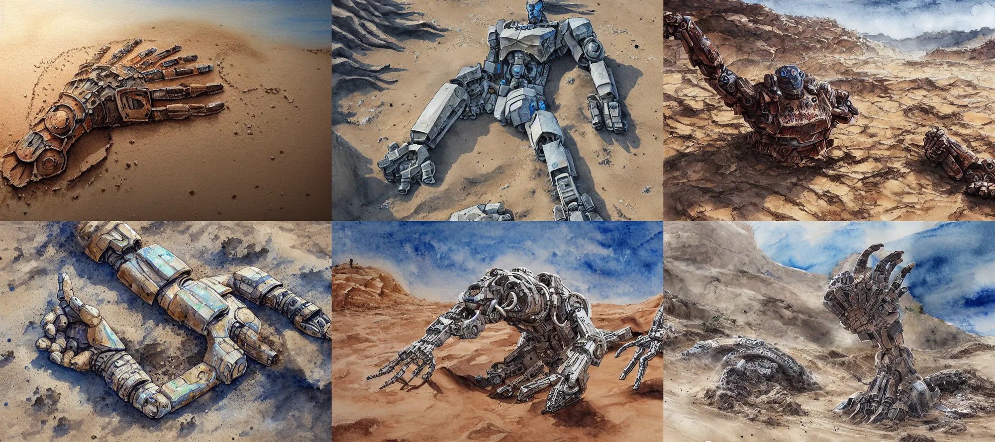 Prompt: a giant robot hand and arm lying abandoned in the rocky desert, covered in sand, highly detailed watercolour sand swirling, trending on art station, detailed and intricate environment