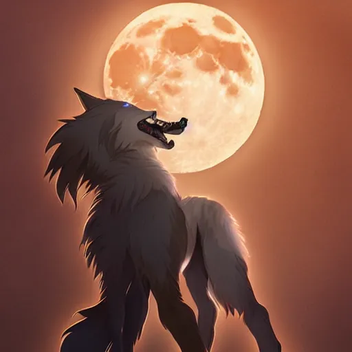 Prompt: anime! werewolf, full moon in the background, cgsociety, award - winning digital art