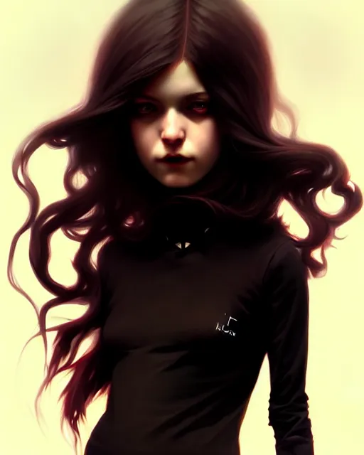 Image similar to hyper - realistic portrait of a gothic girl, dynamic wavy hair, dynamic body anatomy, detailed designs, digital painting, 4 k, by ilya kuvshinov, by greg rutkowski, atmospheric lighting