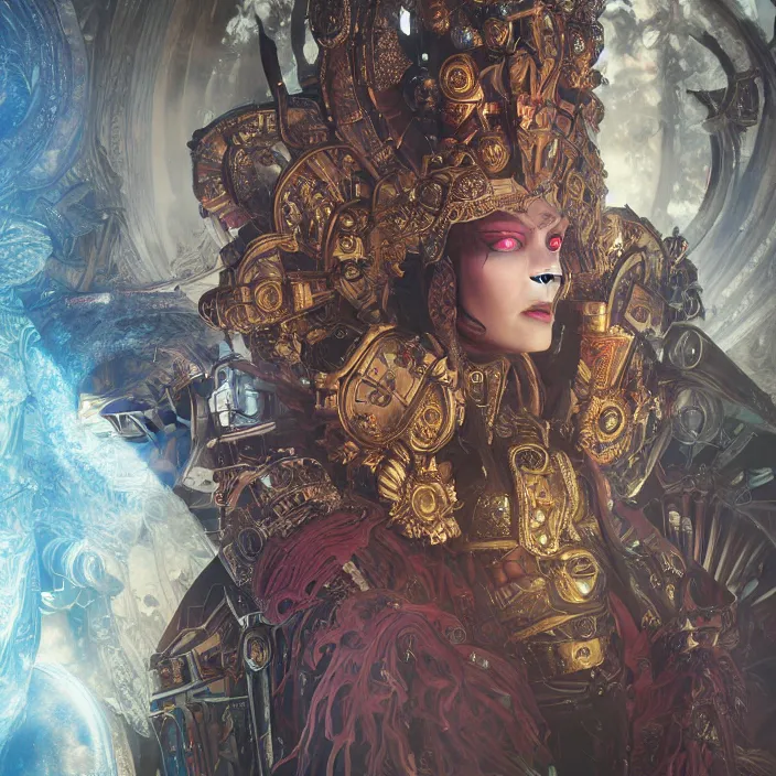 Prompt: mystical evil android queen with obsidian eyes, wearing an elaborate helmet, inside a wax palace, octane render, 8 k, unreal engine, by todd mcfarlane and artgerm and greg rutkowski and alphonse mucha