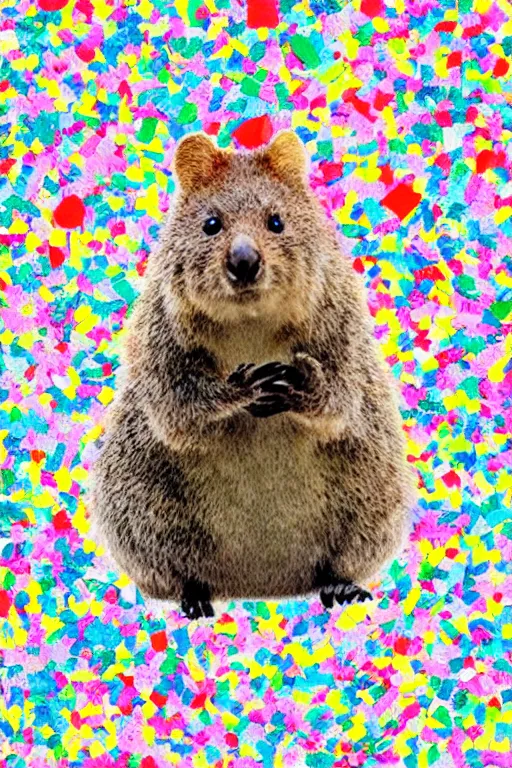 Image similar to detailed illustration, a portrait of a happy quokka on rotttnest island constructed from confetti, collage, may gibbs, layered composition, layers, texture, textured, layered, sculpted, dynamic, 🦋, 🎈,