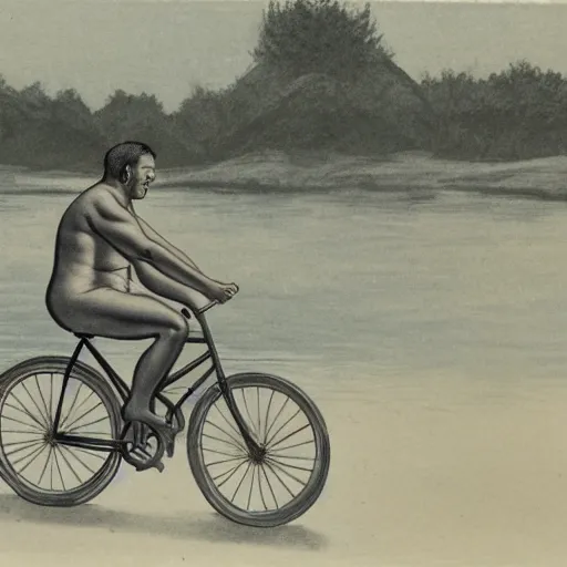 Prompt: detailed realistic photograph of shirtless corpulent man riding a bicycle near a river