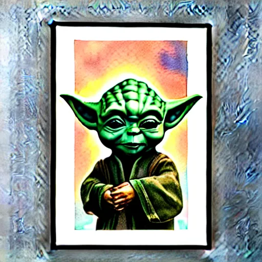 Prompt: high - angle view, baby yoda on a well lit path in a dimly lit forest, dramatic cloudy setting sun, muted color. minimalist, detailed, watercolor, ink ue 5