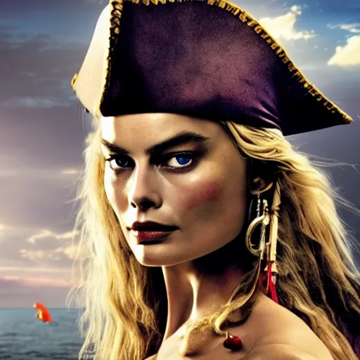 Image similar to stunning awe inspiring margot robbie as a pirate in pirates of the caribbean, movie still 8 k hdr atmospheric lighting