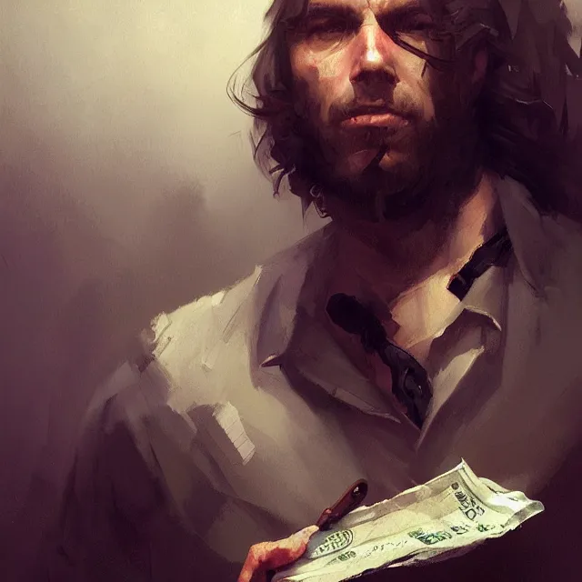 Prompt: painted portrait where is my money, blackmail, guns on background, upper body, blockbuster, killer, extremely detailed digital painting trending artstation concept art sharp focus illustration art by gustave courbet greg rutkowski craig mullins