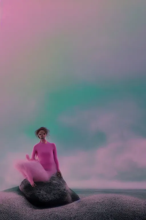 Image similar to high quality pastel coloured film close up wide angle photograph of a model wearing clothing swimming on cloud furniture in a icelandic black rock!! environment in a partially haze filled dreamstate world. three point light, rainbow. photographic production. art directed. pastel colours. volumetric clouds. pastel gradient overlay. waves glitch artefacts. extreme facial clarity. 8 k. filmic.