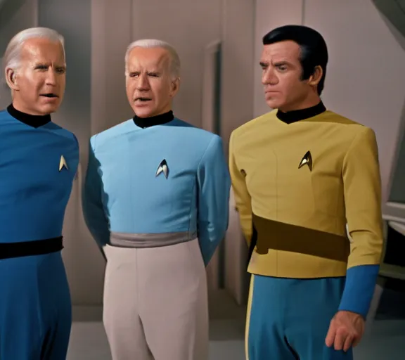 Prompt: color film still from tv show star trek 1968 staring joe biden, XF IQ4, 150MP, 50mm, F1.4, ISO 200, 1/160s, natural light