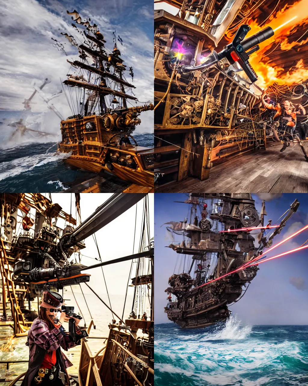 Prompt: action photography of high technology laser guns mounted on a pirate ship, steampunk, fast shutter speed, high speed, action photo, 1/1000 sec shutter