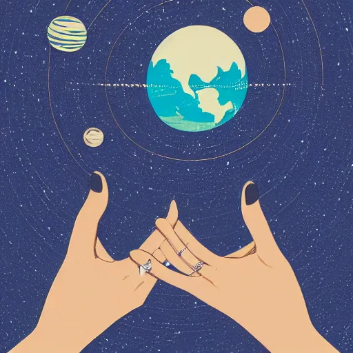 Prompt: closeup of a womans face wearing a neckless with a glowing planet Saturn as the pendant, the rings are glowing around the planet, the woman's hand reaching for the pendant, flat design, screen print by kawase Hasui and Dan hillier, 8k