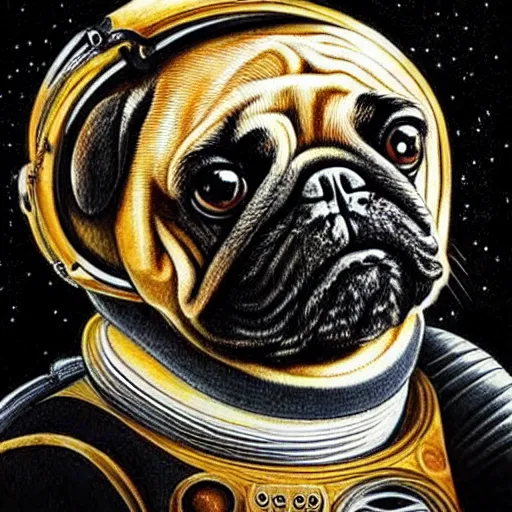 Prompt: pencil art, golden - ratio, spirals, highly detailed, psychedelic astronaut pug in outer space by davinci.