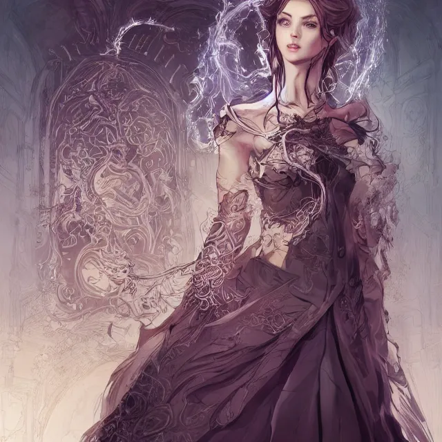 Image similar to the portrait of the lawful evil sorceress lawyer as an absurdly beautiful, graceful, elegant, sophisticated, woman, an ultrafine hyperdetailed illustration by kim jung gi, irakli nadar, intricate linework, bright colors, octopath traveler, final fantasy, unreal engine 5 highly rendered, global illumination, radiant light, detailed and intricate environment