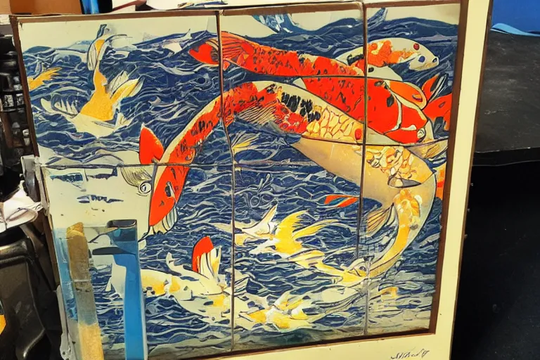 Image similar to inspecting a shipment, the box is full of water and koi. art in the style of vincent di fate.