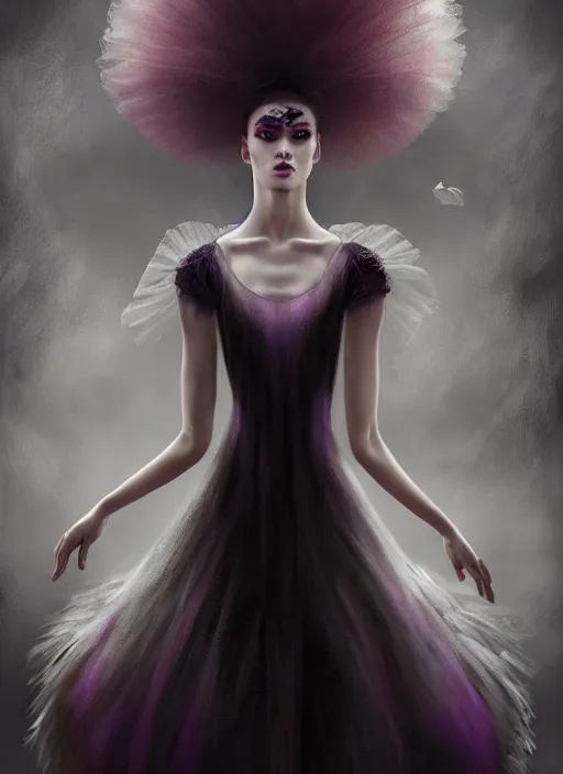 Prompt: picture generation, soft painting curiosities carnival, beautiful prima ballerina in full long dress, accurate features, focus, very intricate ultrafine details, black white purple volumetric clouds, award winning masterpiece, octane render 8 k hd, tom bagshaw artstyle