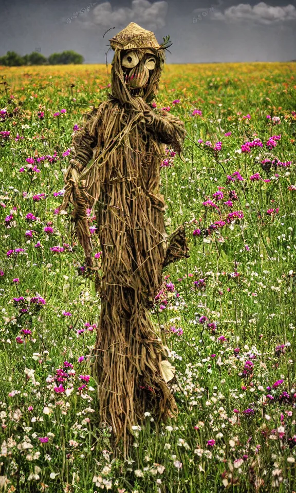 Prompt: scarecrow in beautiful meadow of flowers, ww1 photo, grainy, high detail, high resolution,
