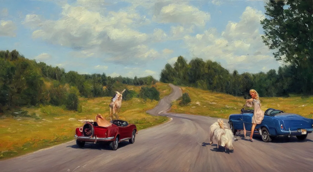 Image similar to 1950 blonde driving a mustang on a country road, Swedish countryside, freedom, dawn, impressionism, realistic, painting by Vladimir Volegov, artstation, beautiful, masterpiece