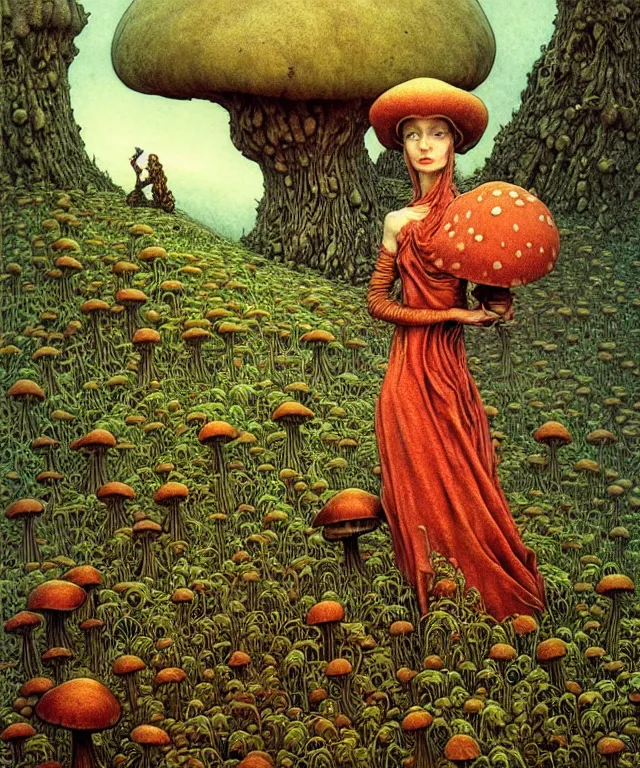 Prompt: A detailed funguswoman stands among the mushroom hills. Wearing a fungus and mushroom . Perfect faces, extremely high details, realistic, fantasy art, solo, masterpiece, art by Zdzisław Beksiński, Arthur Rackham, Dariusz Zawadzki, Edward Robert Hughes