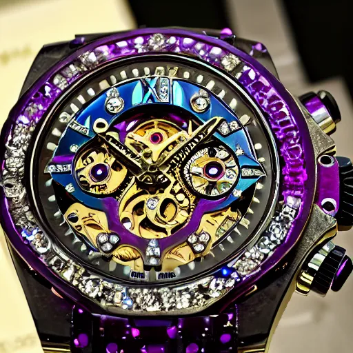 Image similar to vvs diamond alexandrite sapphire watch, intricate design, rolex, cogs and gears, steampunk watch, bejeweled beautiful watch, richard mille, promotional photo, 8 k photography