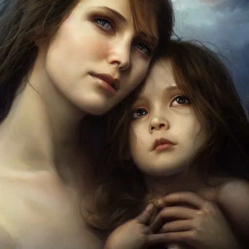 Image similar to pure love is patient love is kind, mother and child ; photorealistic oil painting by charlie bowater and mark brooks ; highly detailed cute faces by wlop ; trending on artstation ; 8 k high resolution, symmetrical, cinematic, high coherence, golden ratio, rule of thirds, perfectly centered anatomically accurate portraits