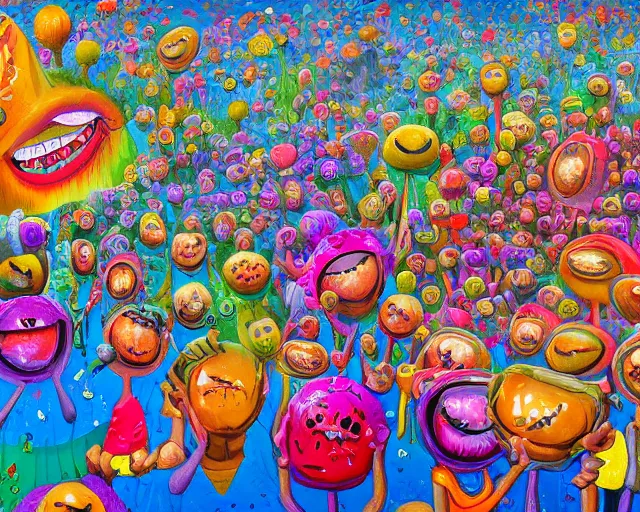 Prompt: surreal hyperrealistic detailed landscape painting of a group of cartoon brain people with legs with human eyes and teeth with a big grinning smile, looking happy, vibrant feel, bursts of color, color ink explosion, beautiful spectrum of vibrancy, flowers falling from the sky, in the style of Stephen Gibb Art, hyper detailed, trending on Artstation