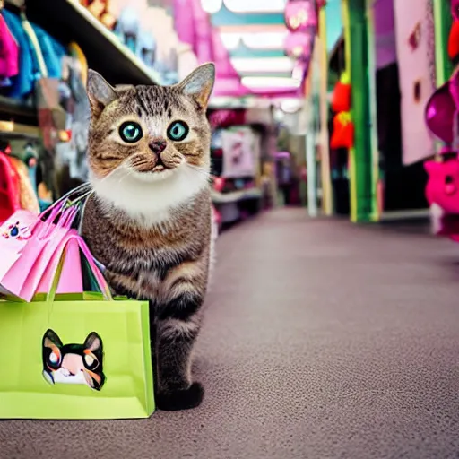 Prompt: kawaii cat going shopping