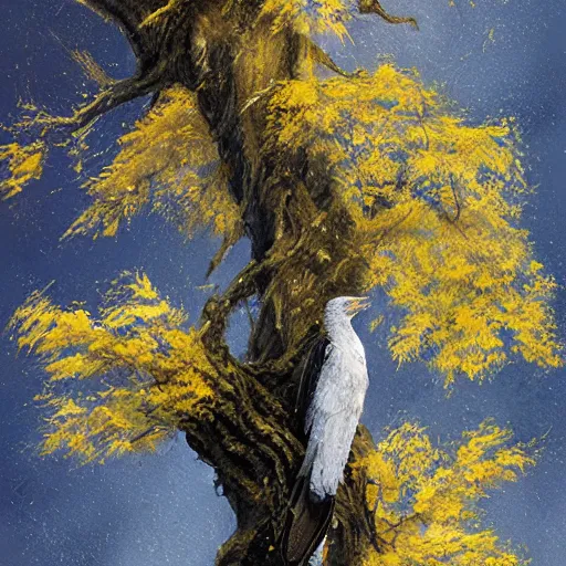 Image similar to a yellow crow on a tree with white leaves, detailed, by greg rutkowski