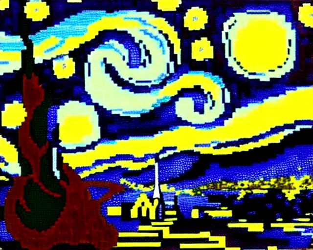 Image similar to Red green and black color scheme Starry Night by van Gogh, re imagined as 8 bit pixel art.