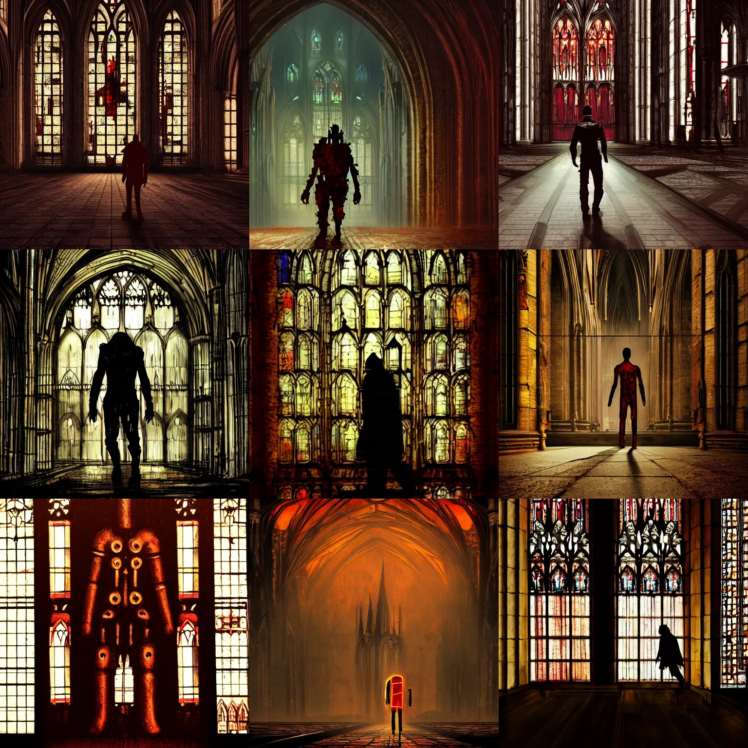 Prompt: a rusted android walking across a dimly lit gothic cathedral with red stained glass windows, cinematic, concept art, detailed, dark