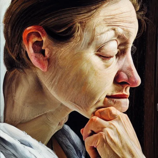 Prompt: high quality high detail painting by lucian freud, hd, crying young woman portrait by the window, photorealistic lighting