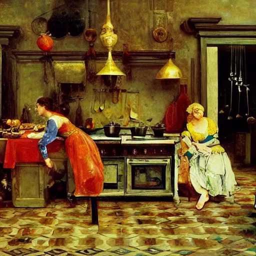Image similar to Dramatic renaissance scene of cooking in the kitchen, maximalism, by Greg Rutkowksi and Ilya Repin