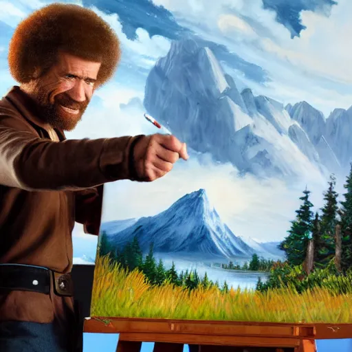 Image similar to a closeup photorealistic photograph of bob ross working on a canvas painting of captain america. happy trees, mountain scape. film still. brightly lit scene. this 4 k hd image is trending on artstation, featured on behance, well - rendered, extra crisp, features intricate detail, epic composition and the style of unreal engine.