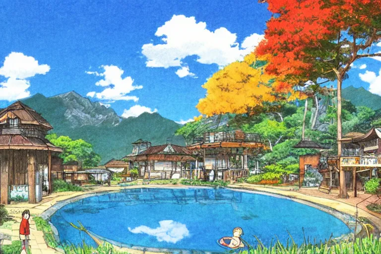 Prompt: holiday resort, hot springs pool in the mountains, relaxing, autumn, trees, steam clouds, anime art, studio ghibli