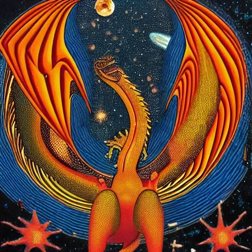 Image similar to composed by howard arkley, by beeple, by jean auguste dominique ingres. a body art of a dragon in space. the dragon is in the foreground with its mouth open rows of sharp teeth. coiled & ready to strike, its tail is wrapped around a star in the background. background is full of stars & galaxies.