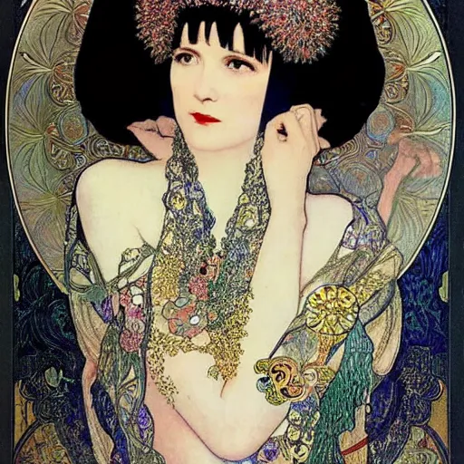 Image similar to louise brooks wearing an elaborate chinese cloud headdress beautiful detailed romantic art nouveau lithograph face portrait by alphonse mucha and gustav klimt, hauntingly beautiful refined moody dreamscape