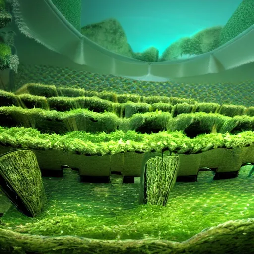 Prompt: octane render filtered lighting overgrown seaweed underwater movie theater amphitheater stage seats stadium 4 k