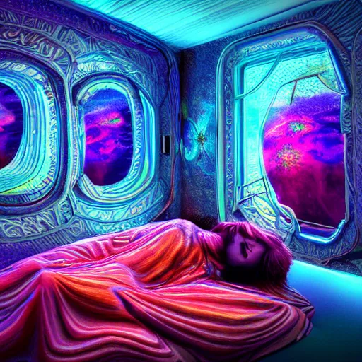 Prompt: photorealistic sleeping in a trippy psychedelic world. hyperdetailed photorealism, 1 0 8 megapixels, amazing depth, high resolution, 3 d shading, 3 d finalrender, 3 d cinematic lighting, glowing rich colors, psychedelic overtones, artstation concept art.